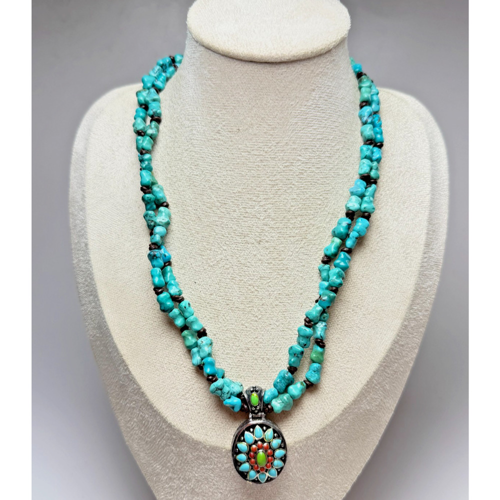 Vintage Signed Barse 925 Sterling Silver Turquoise Nugget Necklace Oval Pendant - Picture 2 of 7